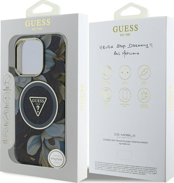 Etui Guess Glitter Flowers Triangle       Buttons MagSafe do iPhone 16 Pro Max czarny