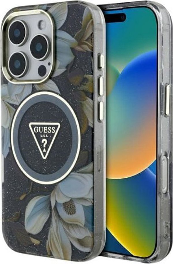 Etui Guess Glitter Flowers Triangle       Buttons MagSafe do iPhone 16 Pro Max czarny