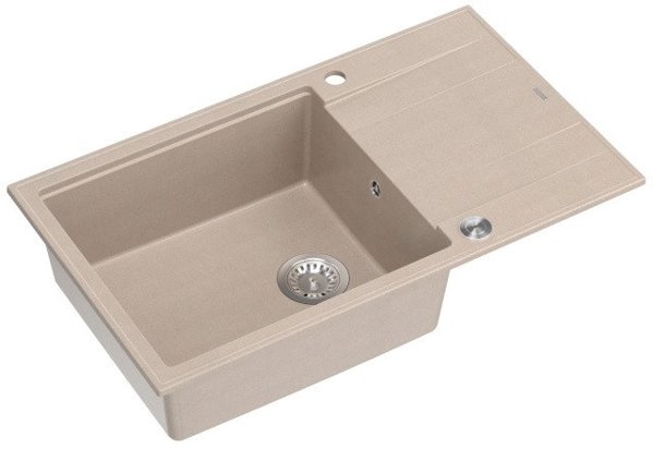 EVAN 136 XL GraniteQ νεροχύτης με σιφόνι Push To Open 1-θέσιο χωρίς αποστράγγιση (860x500x210| θάλαμος 420x490) pearl beige / elementy stalowe