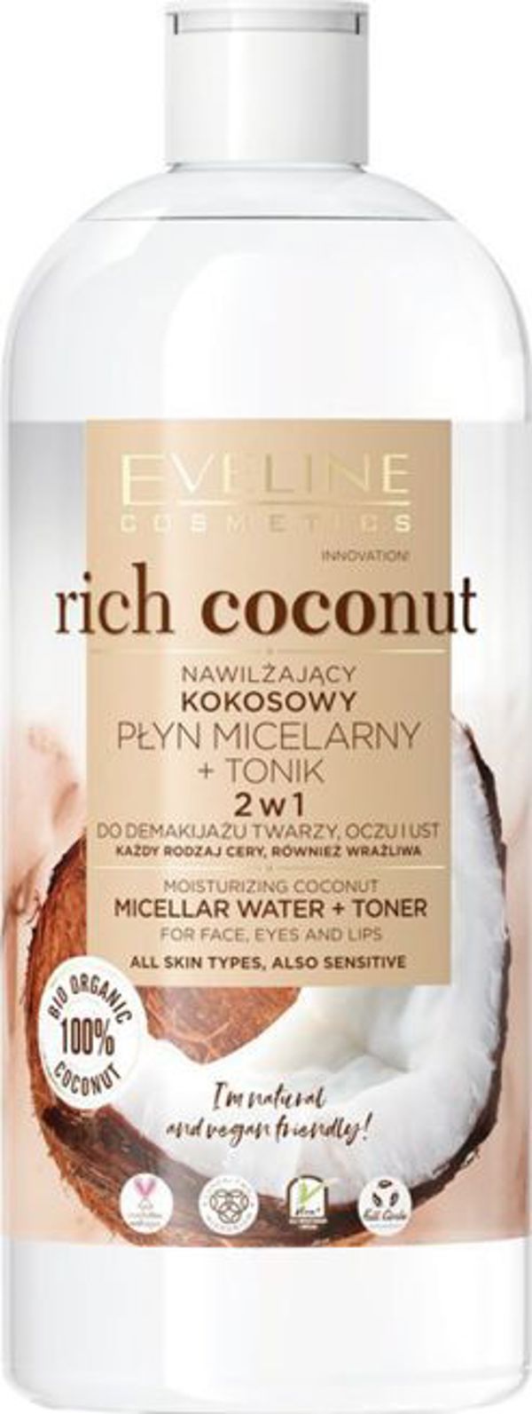 Eveline Rich Coconut νερό καθαρισμού καρύδας + τονωτική λοσιόν 2 σε 1 500ml
