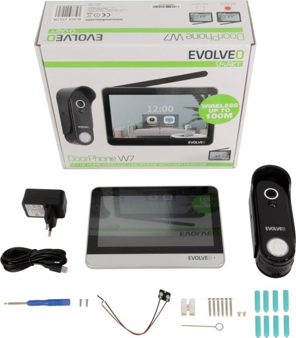 EVOLVEO DoorPhone W7, Sada domácího bezdrátového videotelefonu s WiFi černý stříbrný monitor