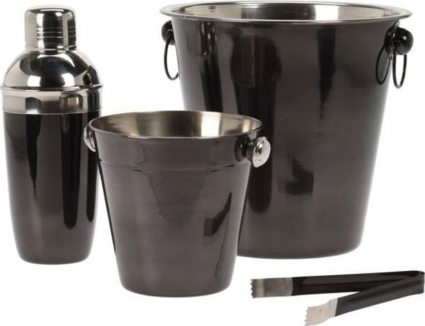 Excellent Houseware Σετ Μπάρμαν 4 Τεμαχίων από Ανοξείδωτο Ατσάλι, Μαύρο, με Shaker, Κουβά Πάγου και Λαβίδες, 21.5x21cm