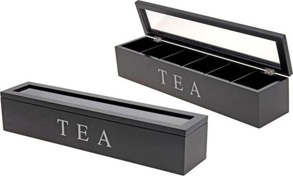 Excellent Houseware Ξύλινο Κουτί Αποθήκευσης Τσαγιού, 6 Διαμερίσματα, Μαύρο, 43x9x8.5cm
