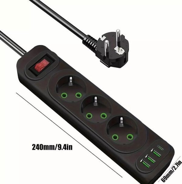 Καλώδιο επέκτασης F23U 2m με 3 πρίζες + 3 USB + 1 USB-C