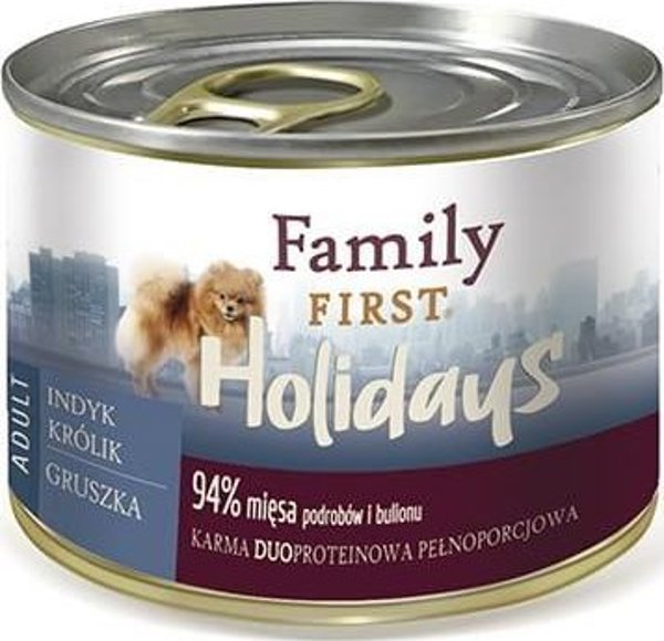 Family First Κονσέρβα για σκύλο, ΓΑΛΟΠΟΥΛΑ/ΚΟΥΝΕΛΙ/ΑΧΛΑΔΙ, μικρές ράτσες, διπλή πρωτεΐνη, 200 γρ.