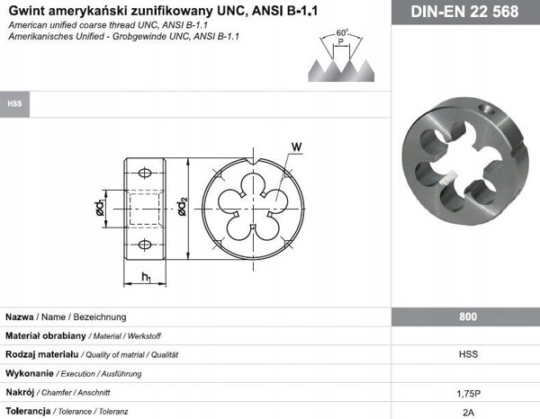 Fanar DIE UNC 3/4-10 DIN-22568 (2A) HSS 800 14084871 5900920033445