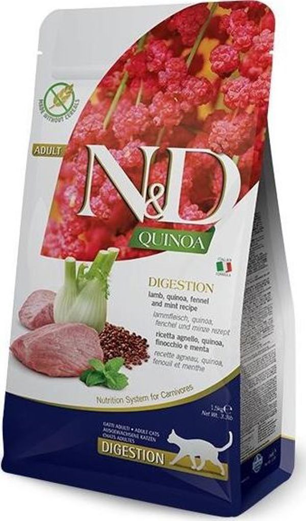 Farmina N&D Quinoa Digestion Γάτα Αρνί, Μάραθο & Μέντα, Ξηρά Τροφή για Ενήλικες Γάτες 1.5kg