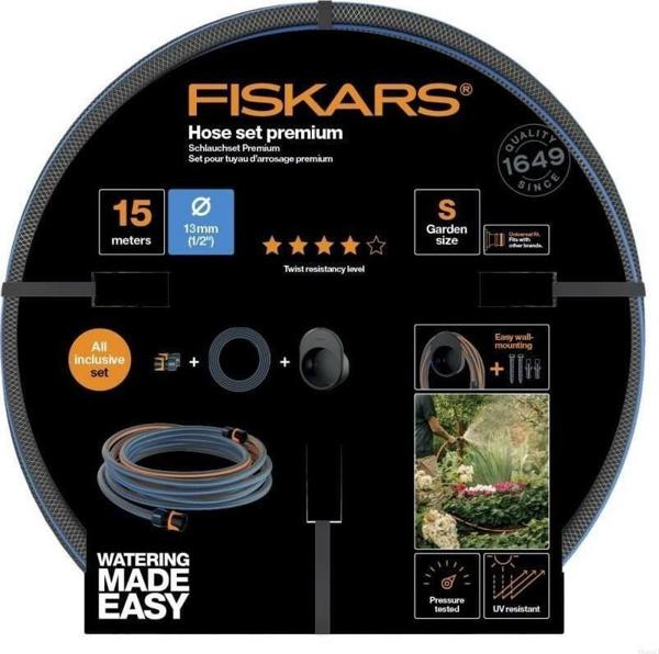 Fiskars Σετ Λάστιχο Ποτίσματος 1/2" 15m με Επιτοίχια Βάση FS1027678, Ανθεκτικό στην UV Ακτινοβολία