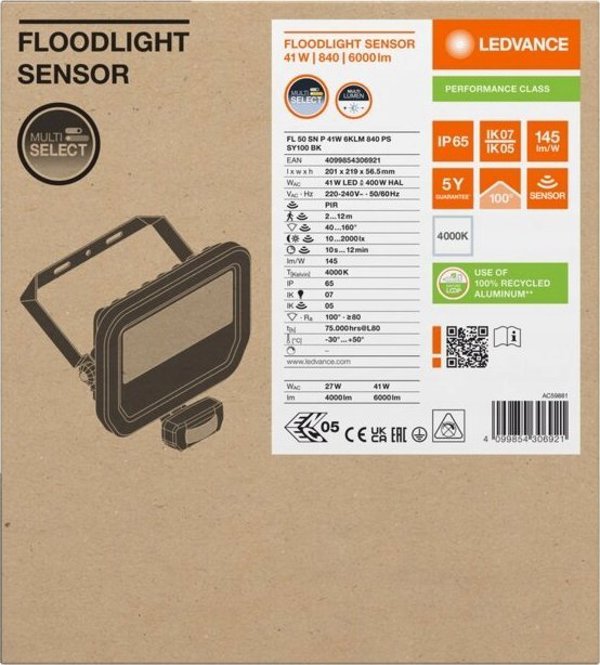 ΠΡΟΒΟΛΕΑΣ ΜΕ ΑΙΣΘΗΤΗΡΑ 41W 145LM/W IP65