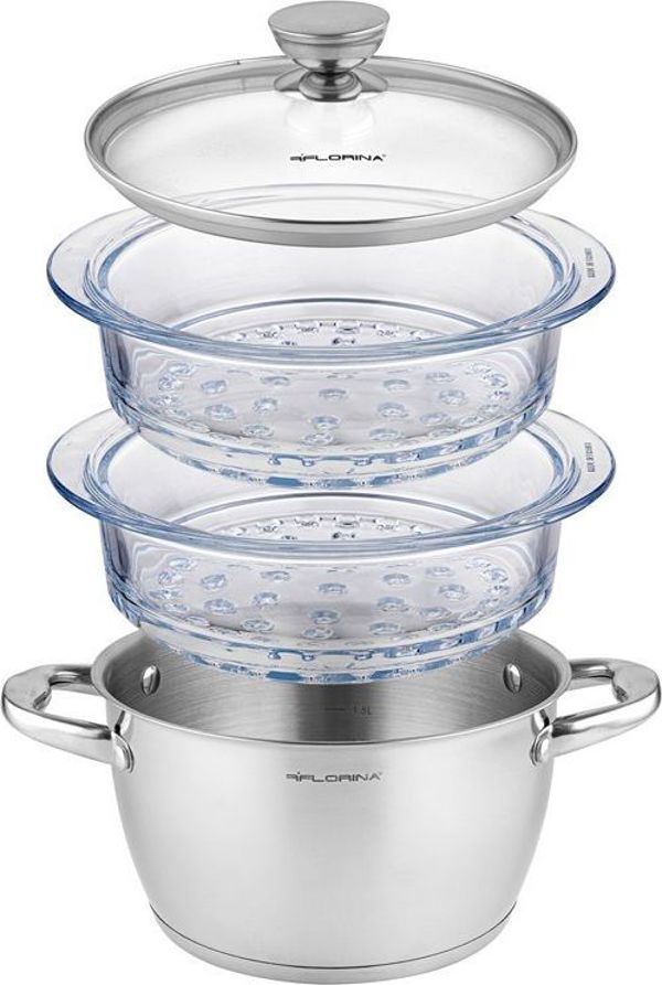 Φλώρινα ΣΑΤΙΝΑ ΑΤΜΙΣΤΗ 20CM INOX 3 ΤΕΜ. (ΚΑΤΣΑΡΟ 2,5L, 2X ΓΥΑΛΙΝΗ ΚΟΥΖΙΝΑ 1,9L, ΚΑΠΑΚΙ) 8592993 5902719588730