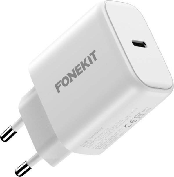 Προσαρμογέας ρεύματος AC FoneKit GaN PD 65W, USB-C, λευκό