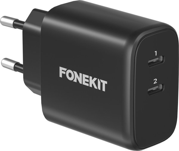 Προσαρμογέας ρεύματος FoneKit GaN PD 65W AC, USB-C + USB-C, μαύρο