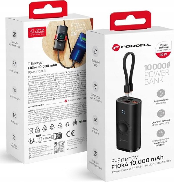 FORCELL F-ENERGY F10K4 powerbank συμβατό με Apple Watch PD QC3.0 3A 22,5W 10000 mAh μαύρο