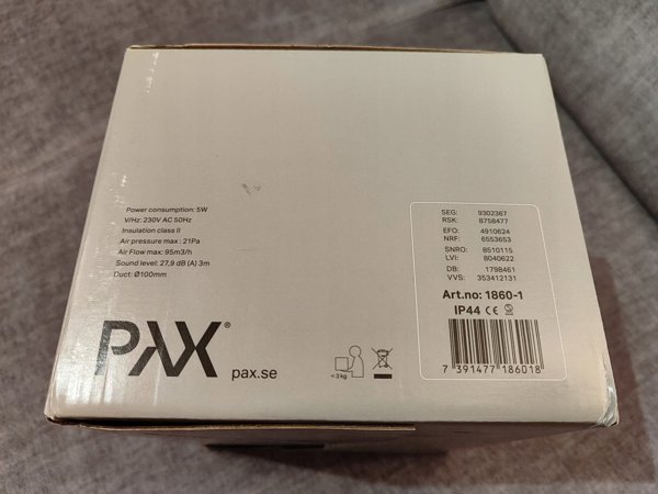 FRESH Ανεμιστήρας Pax Passad 31 για τοίχο με προστασία από τον άνεμο, έλεγχο υγρασίας, αισθητήρα PIR και χρονοδιακόπτη μέσω αισθητήρα PIR. Ροή αέρα 95m³/h, διαστάσεις Ø172x210/Ø100mm