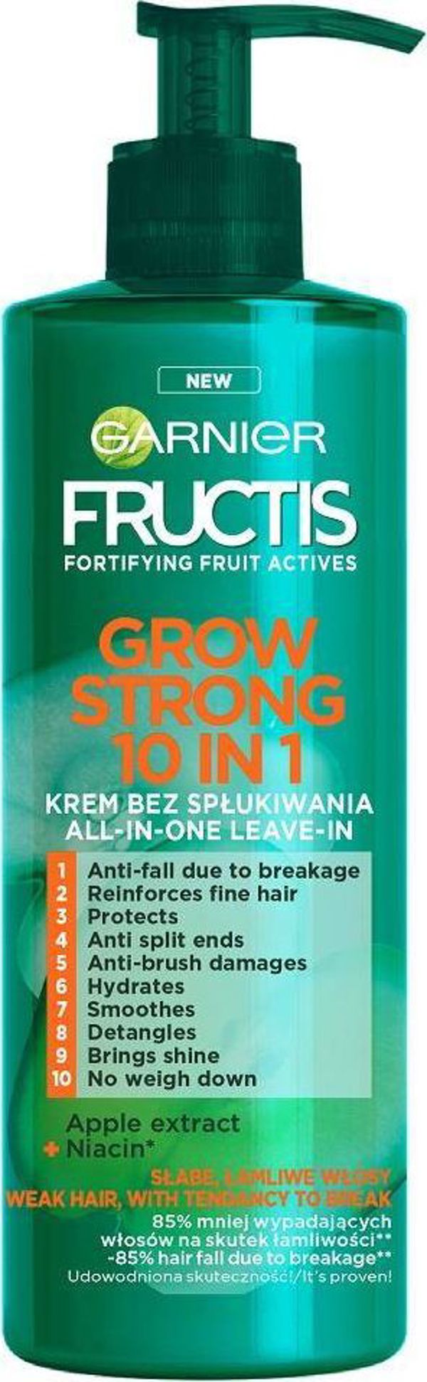 Garnier Fructis Grow Strong 10in1 Κρέμα Μαλλιών Χωρίς Ξέβγαλμα, Για Αδύναμα & Εύθραυστα Μαλλιά, 400ml