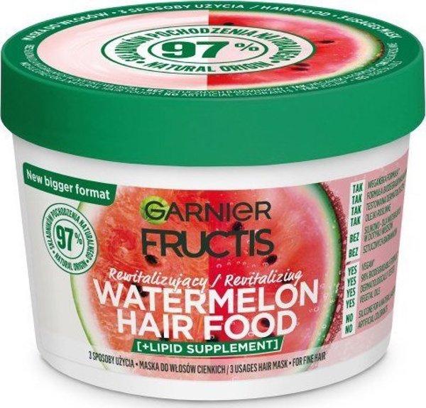 Μάσκα μαλλιών Garnier Fructis Watermelon Hair Food για αναζωογόνηση λεπτών μαλλιών 400ml