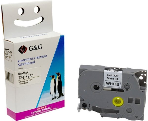 Ταινία εκτύπωσης G&G 12mm x 8m μαύρο-λευκό Συμβατό με Brother TZe-S231