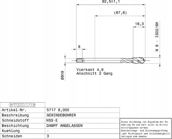 Βρύση μηχανής Ghring για τυφλές οπές GUHRING HSS-E 5717 M8 x 1.25