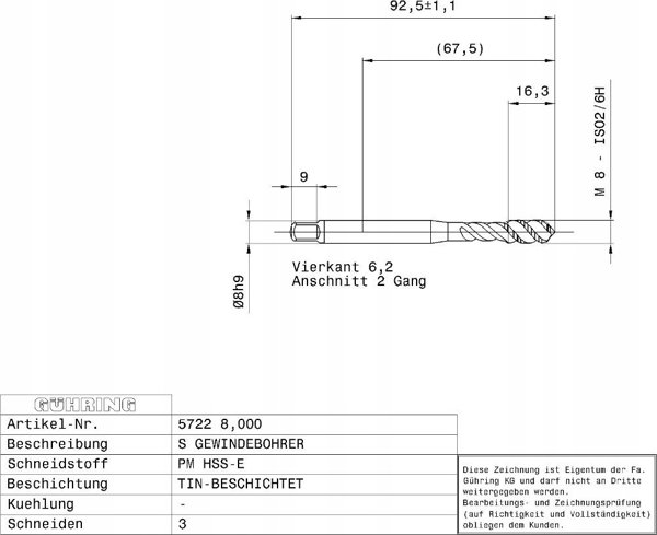 Ghring Machine tap GUHRING HSS-E-PM TiN M8 x 1.25
