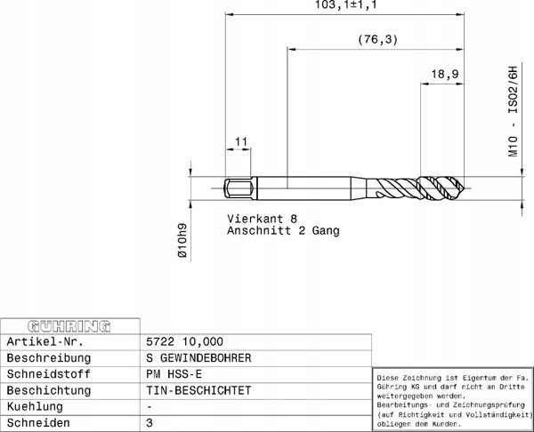 Ghring Machine tap GUHRING HSS-E-PM TiN M10 x 1.5