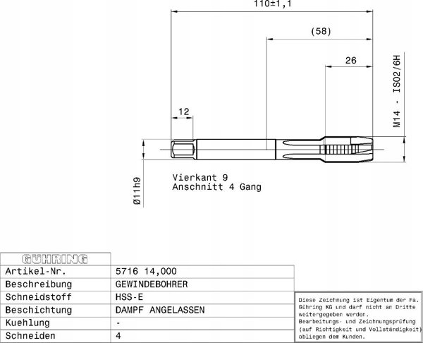 Ghring Machine tap GUHRING HSS-E 5716 DIN376 M14 x 2.0
