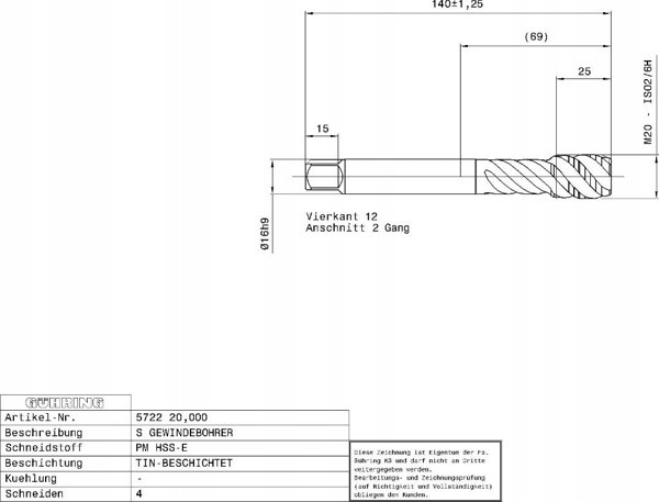 Ghring Machine tap GUHRING HSS-E-PM TiN M20 x 2.5