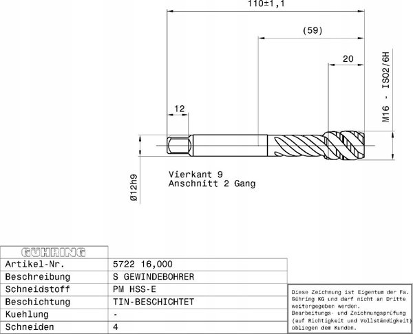 Ghring Machine tap GUHRING HSS-E-PM TiN M16 x 2.0