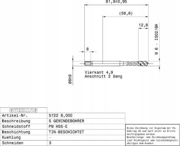 Ghring Machine tap GUHRING HSS-E-PM TiN M6 x 1.0