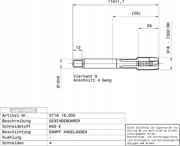 Ghring Machine tap GUHRING HSS-E 5716 DIN376 M16 x 2.0