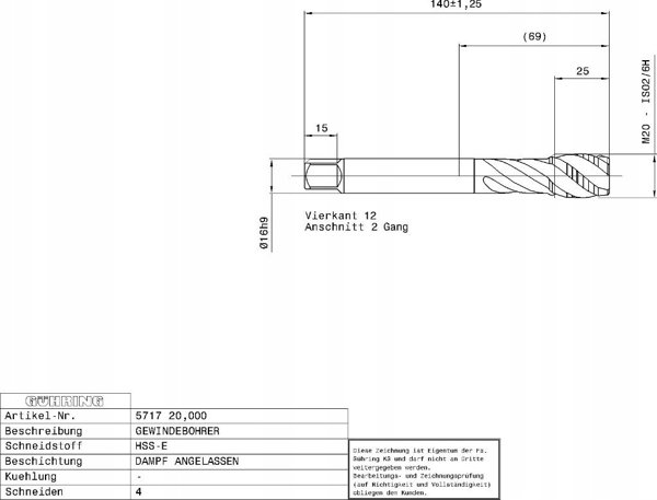 Ghring Machine tap for blind holes GUHRING HSS-E 5717 M20 x 2.5