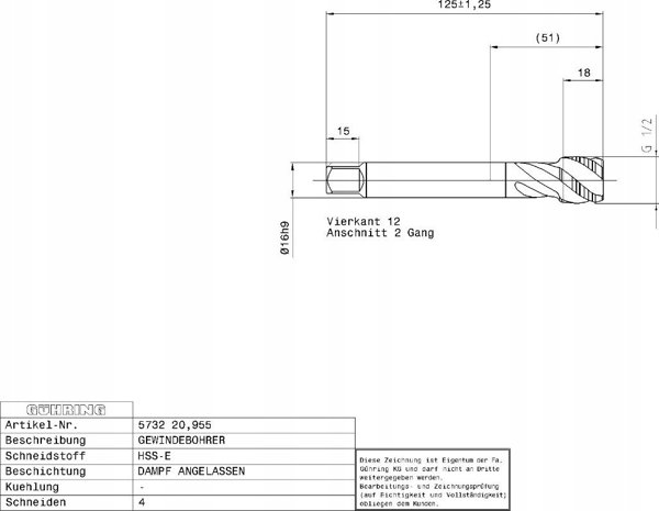 Ghring Μηχανική βρύση για τυφλές οπές GUHRING HSS-E 5732 G1/2 - 14 στροφές