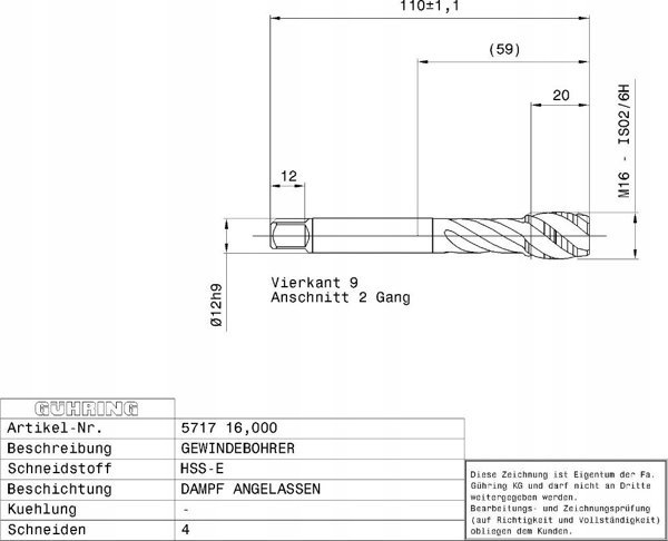 Ghring Μηχανική βρύση για τυφλές οπές GUHRING HSS-E 5717 M16 x 2.0