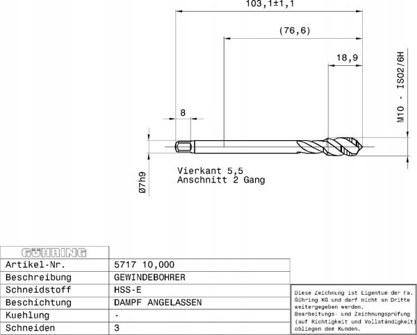 Ghring Βρύση μηχανής για τυφλές οπές GUHRING HSS-E 5717 M10 x 1.5