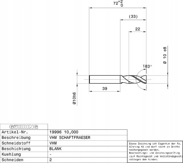 Ghring Carbide cutter GUHRING ALU 19996 10.0 mm