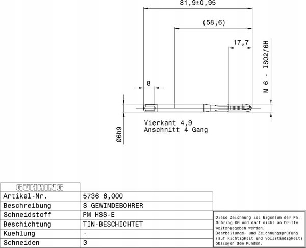 Ghring Machine tap HSS-E-PM TiN GUHRING M6 x 1.0