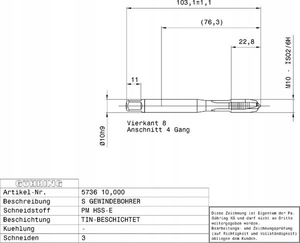 Ghring Machine tap HSS-E-PM TiN GUHRING M10 x 1.5