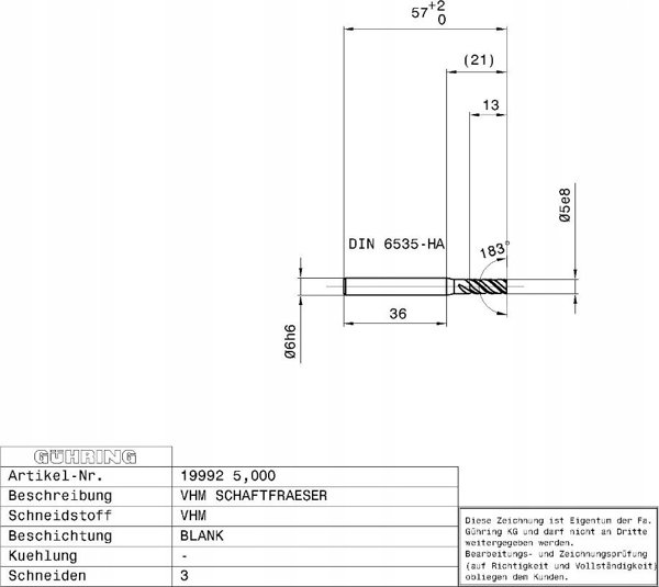Ghring Κοπτικό μύλος καρβιδίου GUHRING ALU 19992 6.0 mm