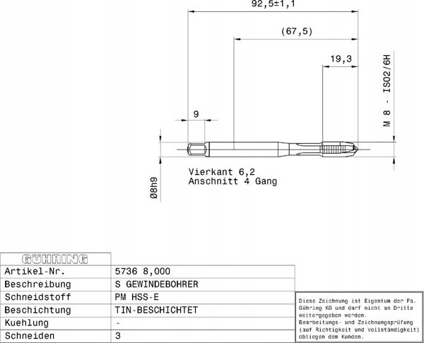 Ghring Machine tap HSS-E-PM TiN GUHRING M12x1,75