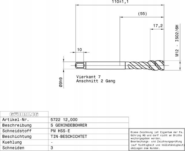 Ghring Machine tap GUHRING HSS-E-PM TiN M12 x 1.75