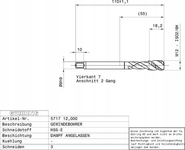 Ghring Βρύση μηχανής για τυφλές οπές GUHRING HSS-E 5717 M12 x 1.75