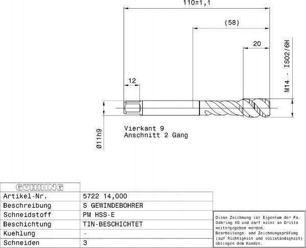 Ghring Machine tap GUHRING HSS-E-PM TiN M14 x 2.0
