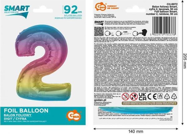 GoDan Μπαλόνι foil αριθμός 2 ουράνιο τόξο Smart 92cm