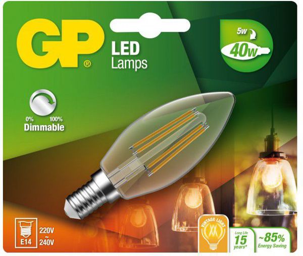 GP LED Filamen Mini Candle E14, 5W, 470lm, dimmable (472107)