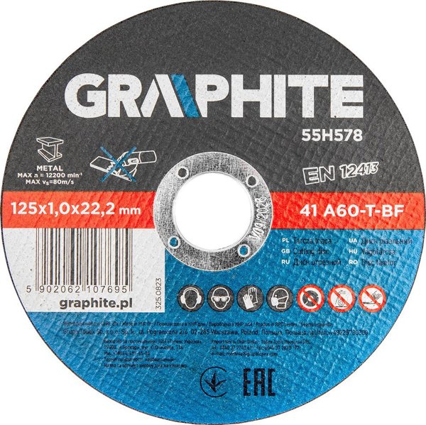 GRAPHITE Τροχοί κοπής μετάλλου 125 x 1.0 x 22.2 mm, 41 A60-T-BF, 10 τεμάχια φιλμ