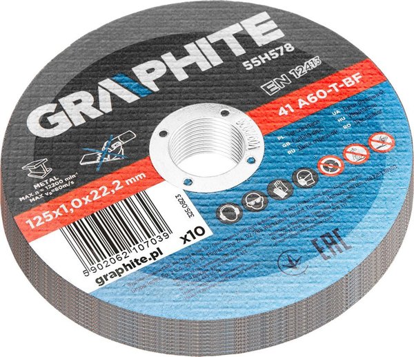 GRAPHITE Τροχοί κοπής μετάλλου 125 x 1.0 x 22.2 mm, 41 A60-T-BF, 10 τεμάχια φιλμ