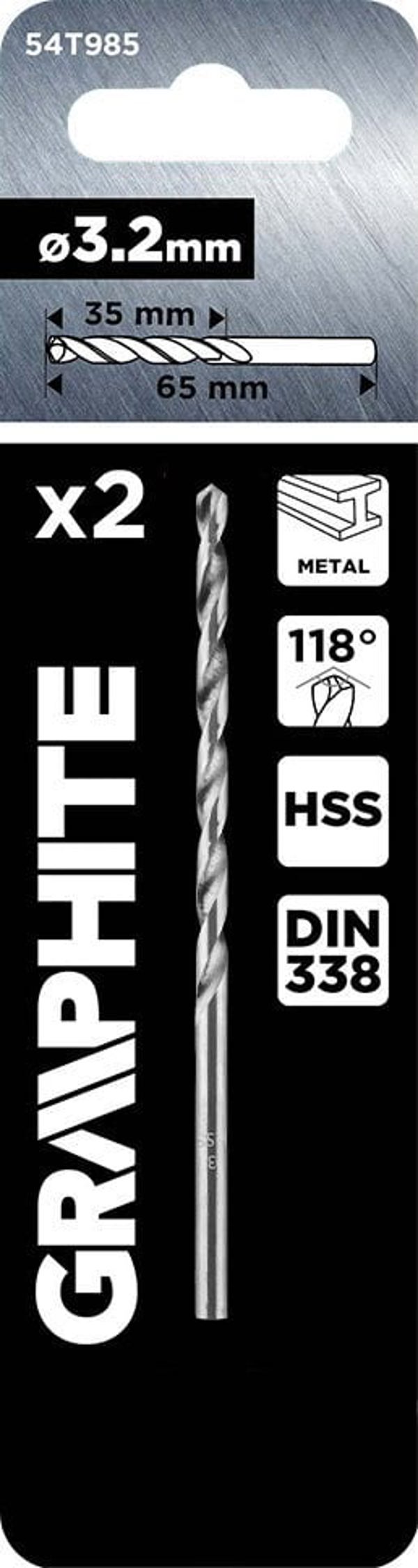 Graphite Τρυπάνια Μετάλλου HSS DIN 338, 3.2mm, 2 Τεμάχια
