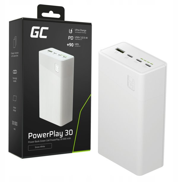 Green Cell PowerPlay 30 Powerbank 30.000mAh, 22,5W, 4 Θύρες - Λευκό