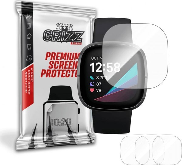 GrizzGlass Προστατευτικό Οθόνης Υδρογέλης για Fitbit Sense - 3 Τεμάχια, Anti-Scratch, Full Coverage
