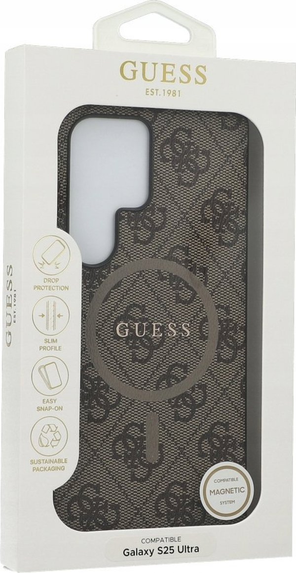 Θήκη Guess Leather 4G Colored Ring Classic Logo MagSafe για Samsung Galaxy S25 Ultra καφέ