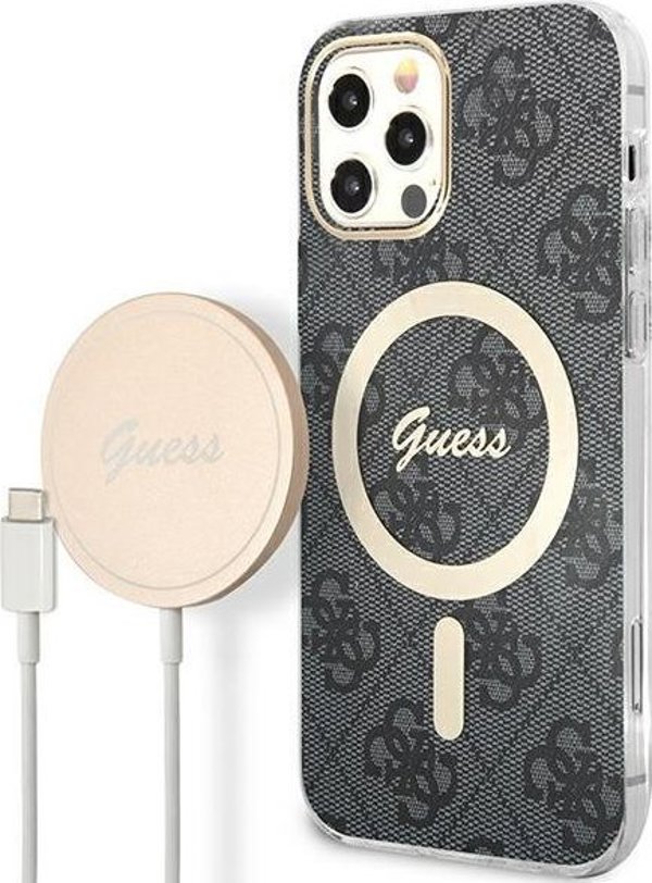 Guess Σετ Guess GUBPP12MH4EACSK Θήκη+ Φορτιστής iPhone 12/12 Pro μαύρη/μαύρη σκληρή θήκη 4G Print MagSafe NoSize
